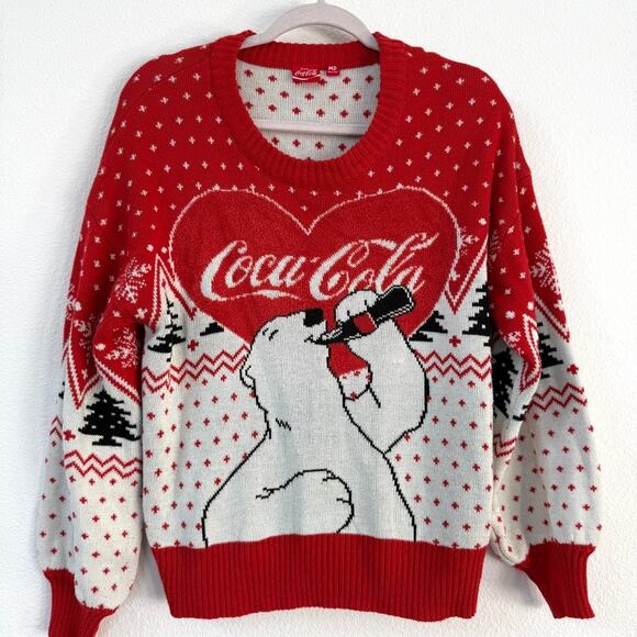 COCA COLA Polar Bear Christmas Sweater Red Holiday Graphic Knit Unisex M Retro - Picture 1 of 5
